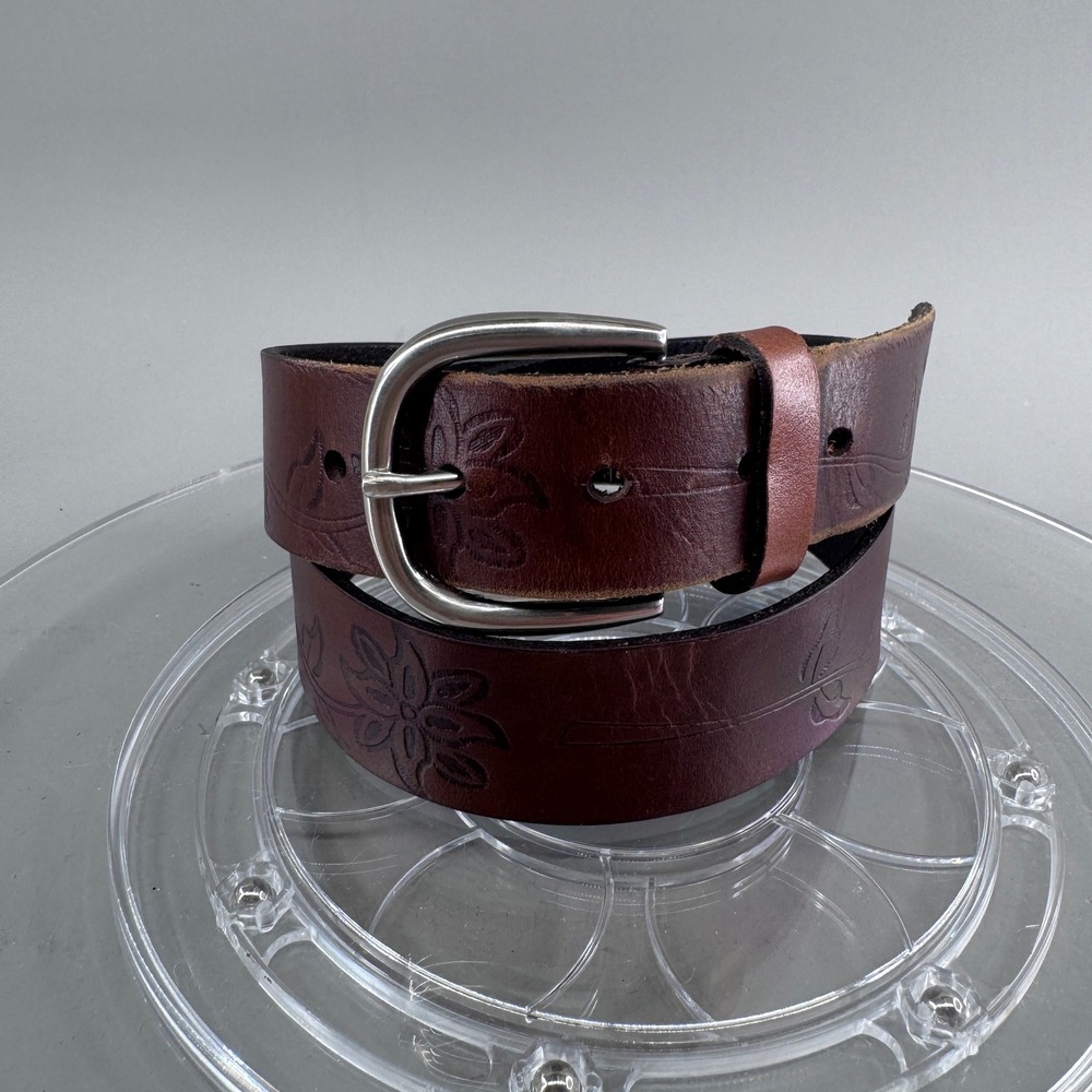Womens Floral Embossed Genuine Leather Belt Brown Silver Buckle Size Medium